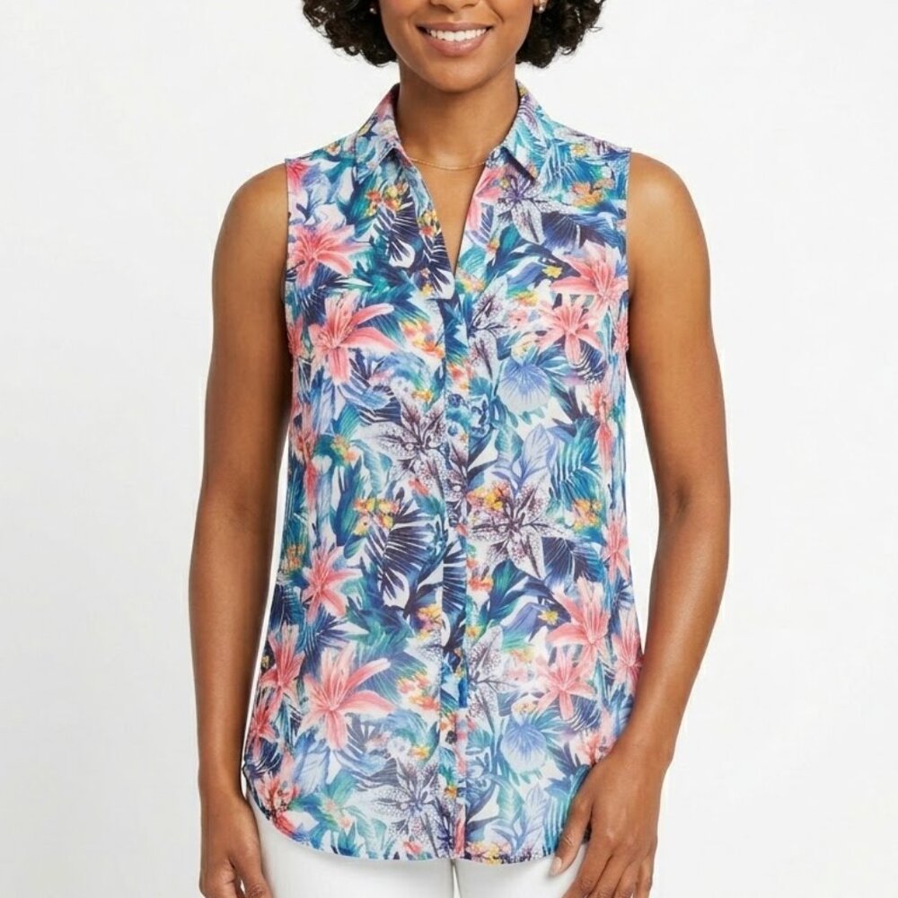 H&M Coconut Girl Tropical Hibiscus Sleeveless Button Down Blouse Size 10